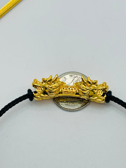 18K Gold  Lucky Dragon Bracelet  ( Hollow Empty Inside) Black Rope XXL