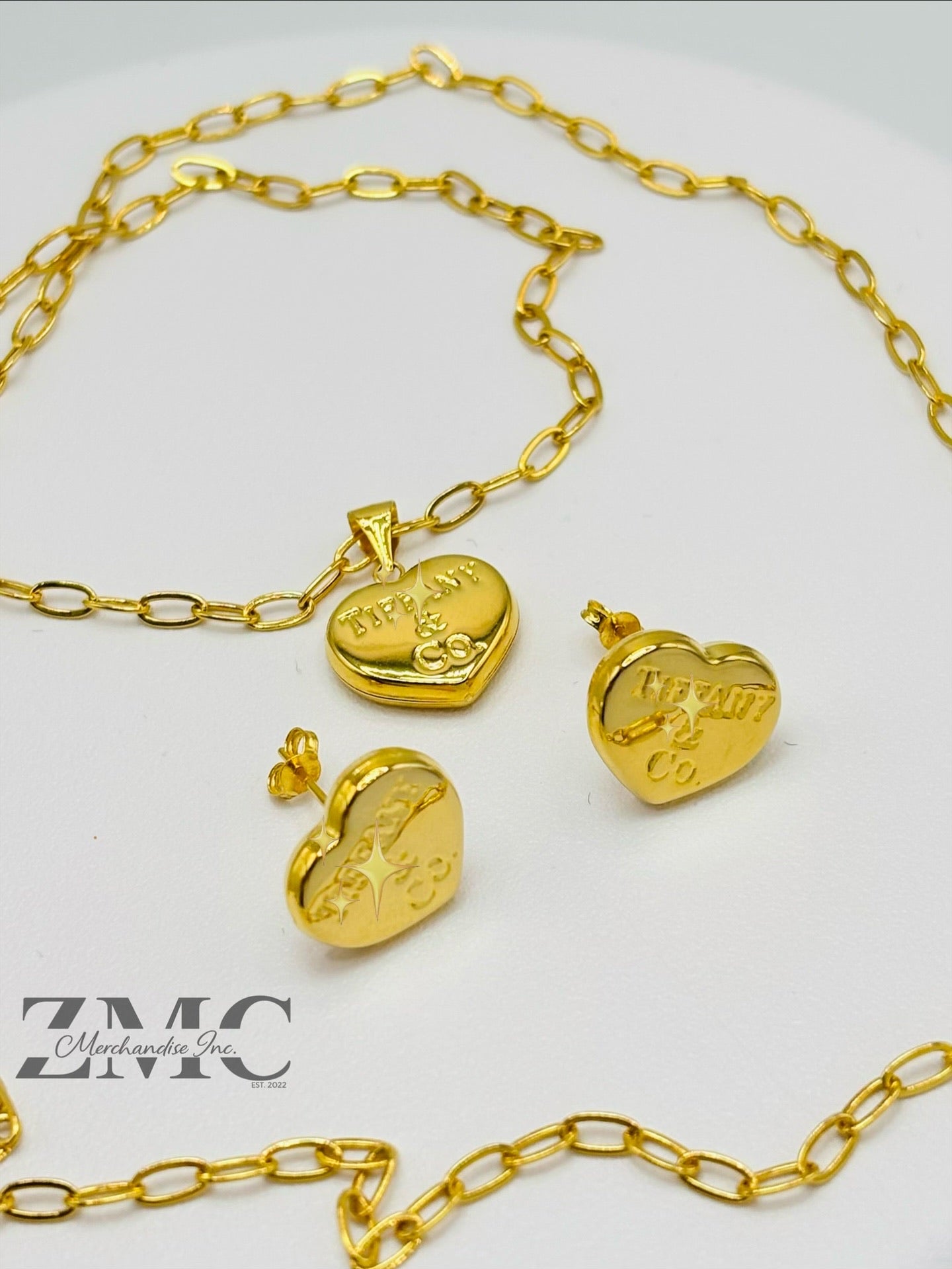 18K Gold Heart Earrings and Paperclip Necklace Set