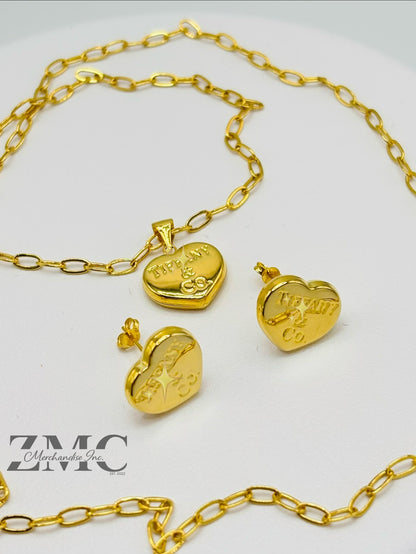 18K Gold Heart Earrings and Paperclip Necklace Set