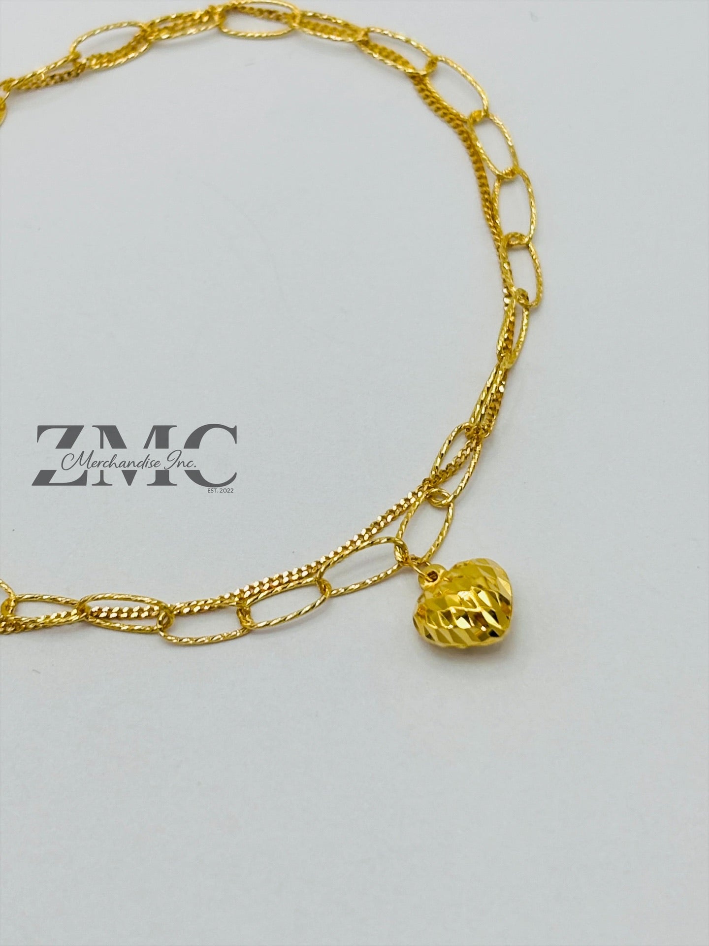 18K Gold Paperclip Double with Heart Charm Bracelet
