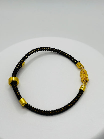 18K Gold Lucky Piyao/ Pi Xiu Gold/Black String Bracelet ( Hollow Empty Inside) Small