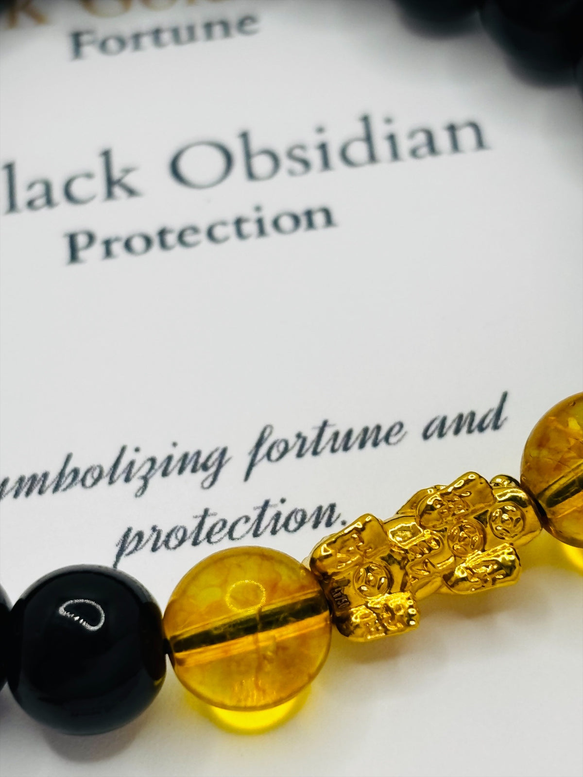 18K Gold Lucky Piyao/ Pi Xiu Citrine Black Obsidian Bracelet ( Hollow Empty Inside) Small