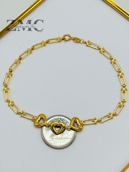 18K Gold 3 Hearts Flat Hardware Bracelet