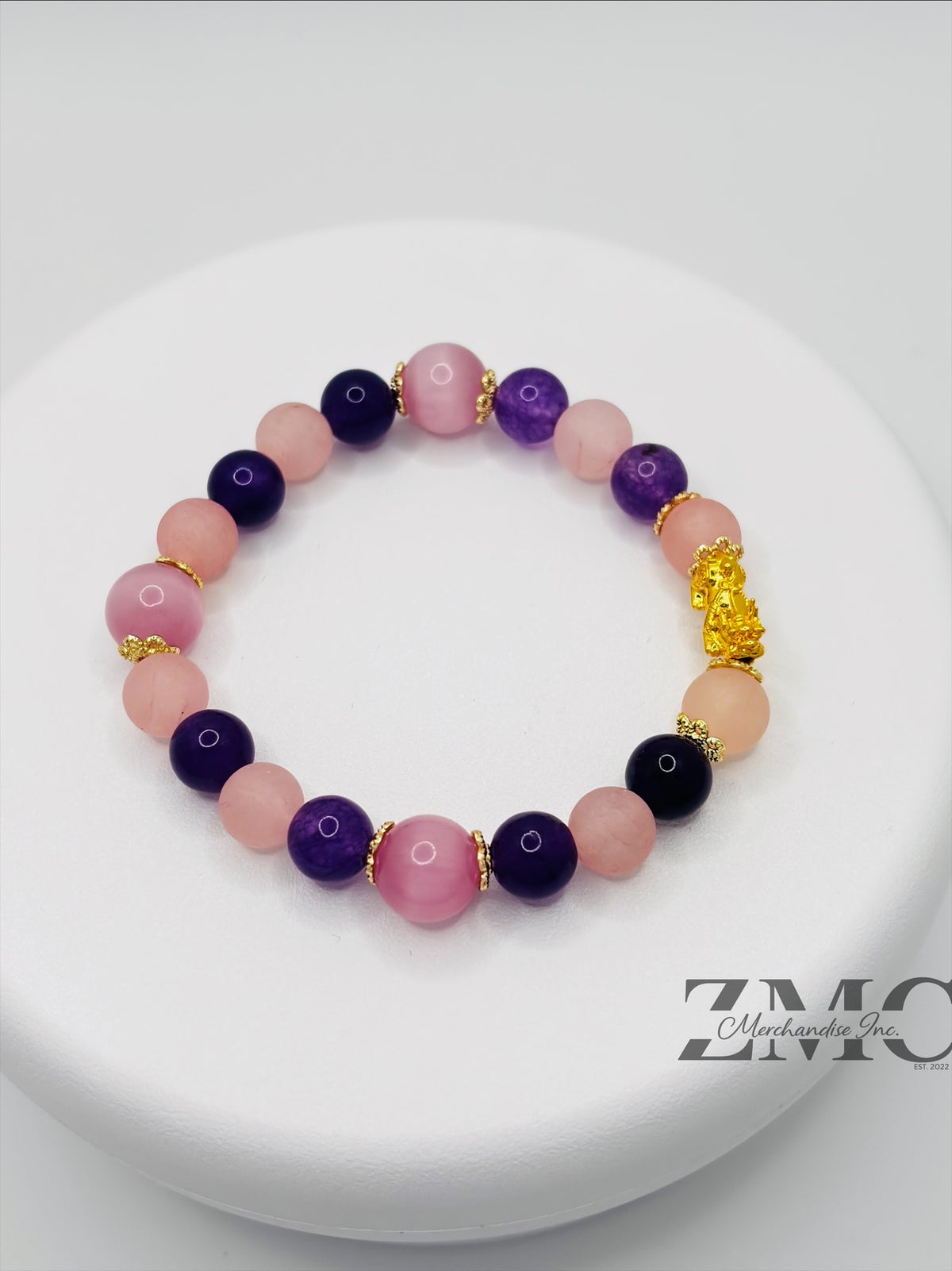 18K Gold Lucky Piyao/ Pi Xiu Rose Quartz, Amethyst Bracelet ( Hollow Empty Inside) Small