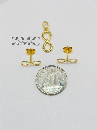18K Gold Infinity Earrings and Pendant Set