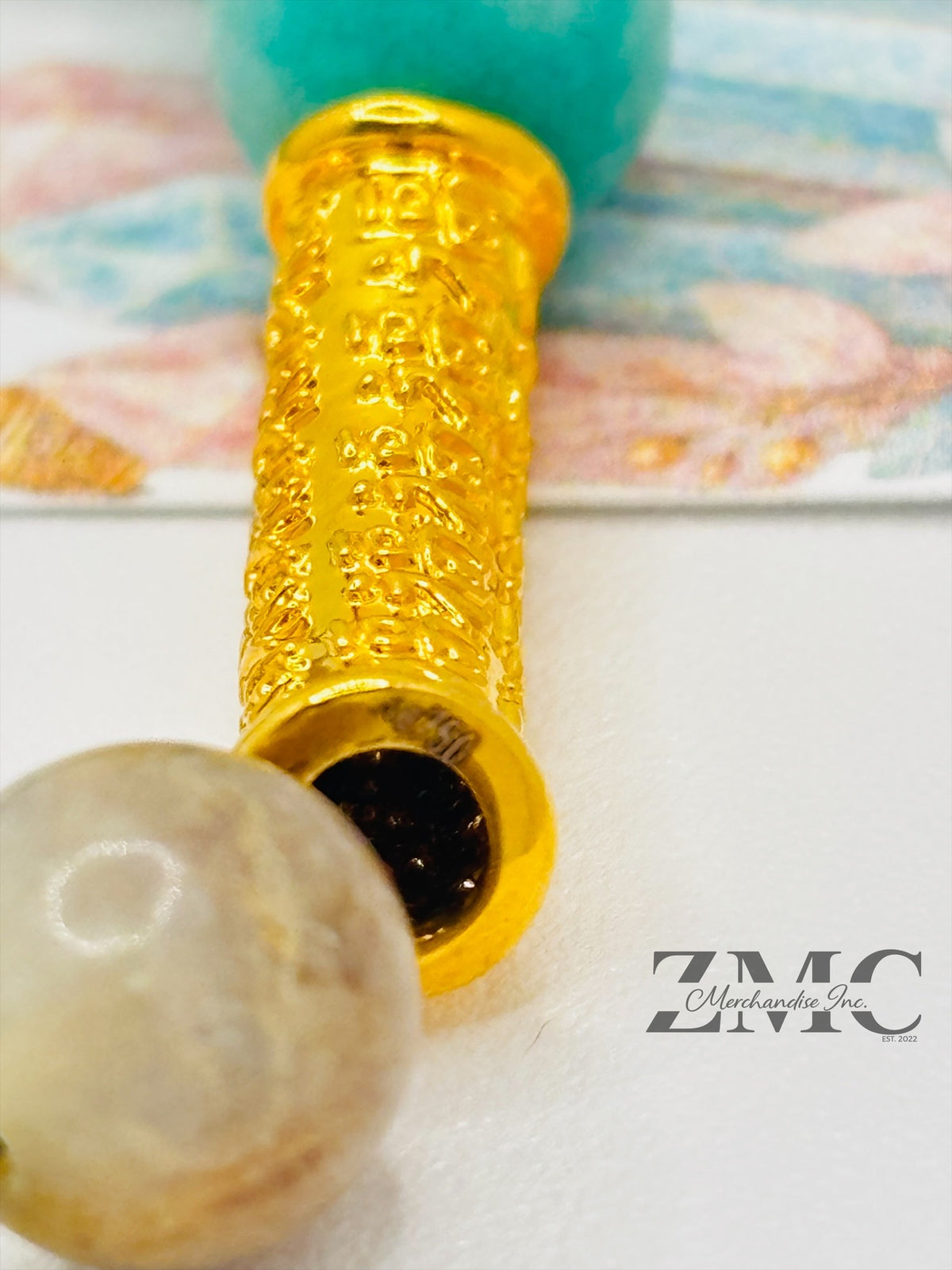 18K Gold  Lucky Baifu Tube Pink Jasper, Amazonite Bracelet  ( Hollow Empty Inside)