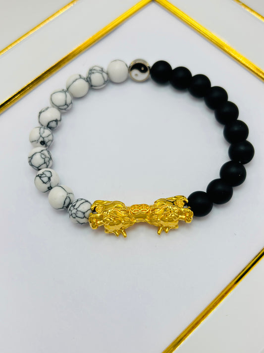 18K Gold  Lucky Dragon Bracelet Yan Tai Chi Stone  ( Hollow Empty Inside) XXL