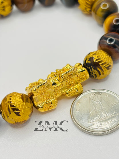 18K Gold Lucky Piyao/ Pi Xiu  Bracelet Tiger Eye Dragon Stone( Hollow Empty Inside) Extra Large Glossy