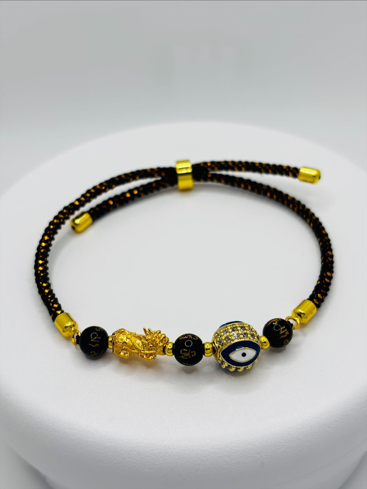 18K Gold Lucky Piyao/ Pi Xiu Evil Eye Black Mantra String Bracelet ( Hollow Empty Inside) Small