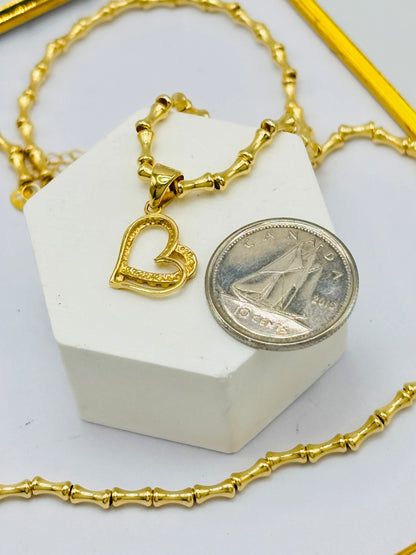 18K Gold Bamboo with Heart Pendant Necklace Set