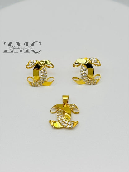 18K Gold C Earrings and Pendant with Stone Set