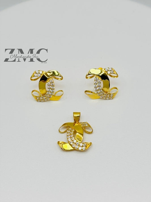 18K Gold C Earrings and Pendant with Stone Set