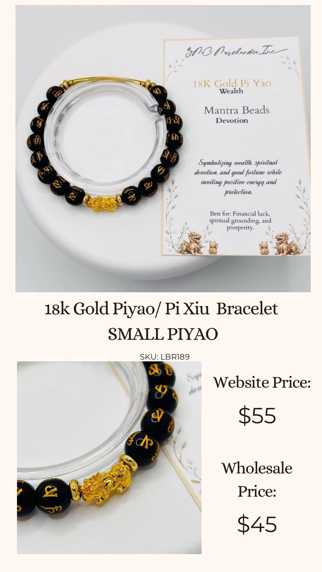 18K Gold Lucky Piyao/ Pi Xiu Black Mantra Bracelet ( Hollow Empty Inside) SMALL PIYAO