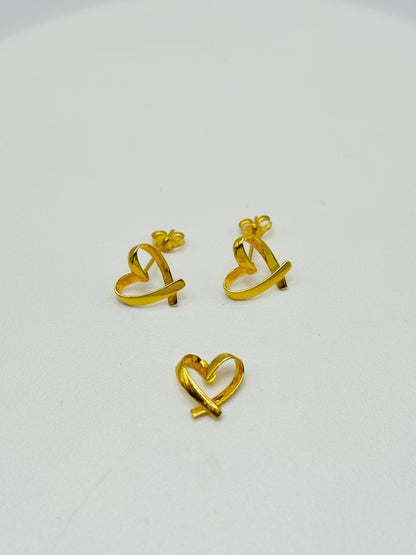 18K Gold Open Heart Small Earrings & Pendant Set