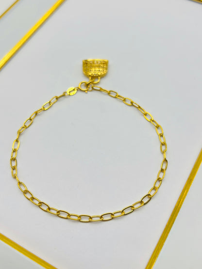18K Gold Small Link Paperclip Bracelet with Money  Catcher Bag Charm Set