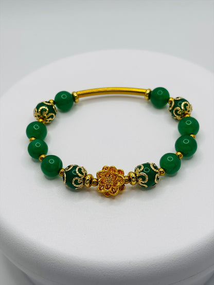 18K Gold Lucky Lotus Flower Aventurine Bracelet ( Hollow Empty Inside)