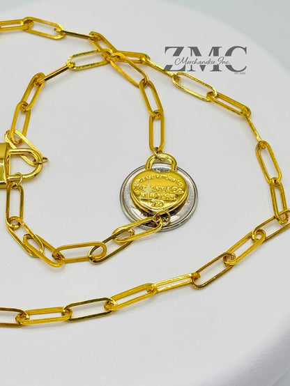 18K Gold Paperclip with Padlock and Heart Attached Necklace