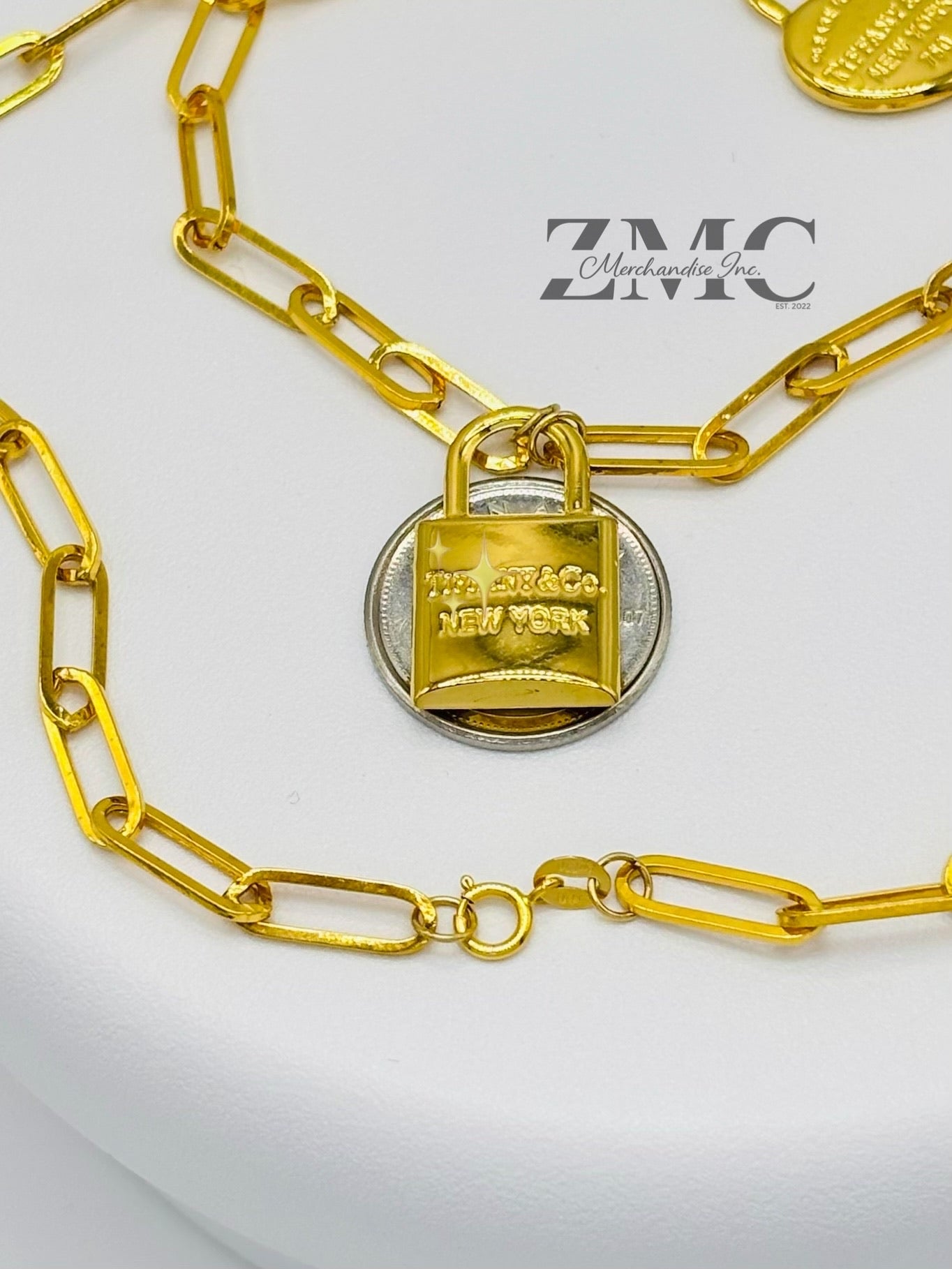 18K Gold Paperclip with Padlock and Heart Attached Necklace
