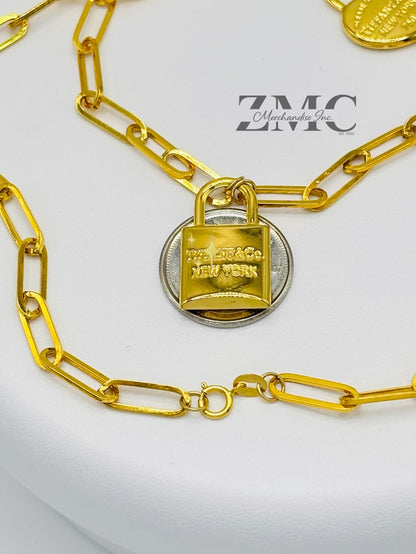 18K Gold Paperclip with Padlock and Heart Attached Necklace