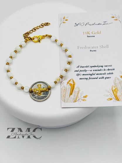 18K Gold Cross Fresh Shell Stone ( Hollow Empty Inside)