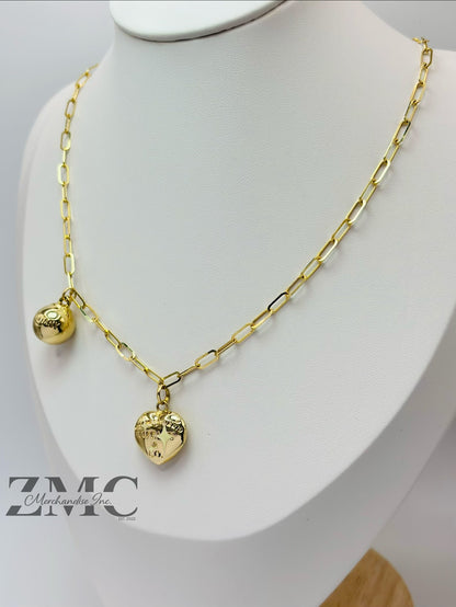 18K Gold Paperclip with Heart and Ball Charm Necklace