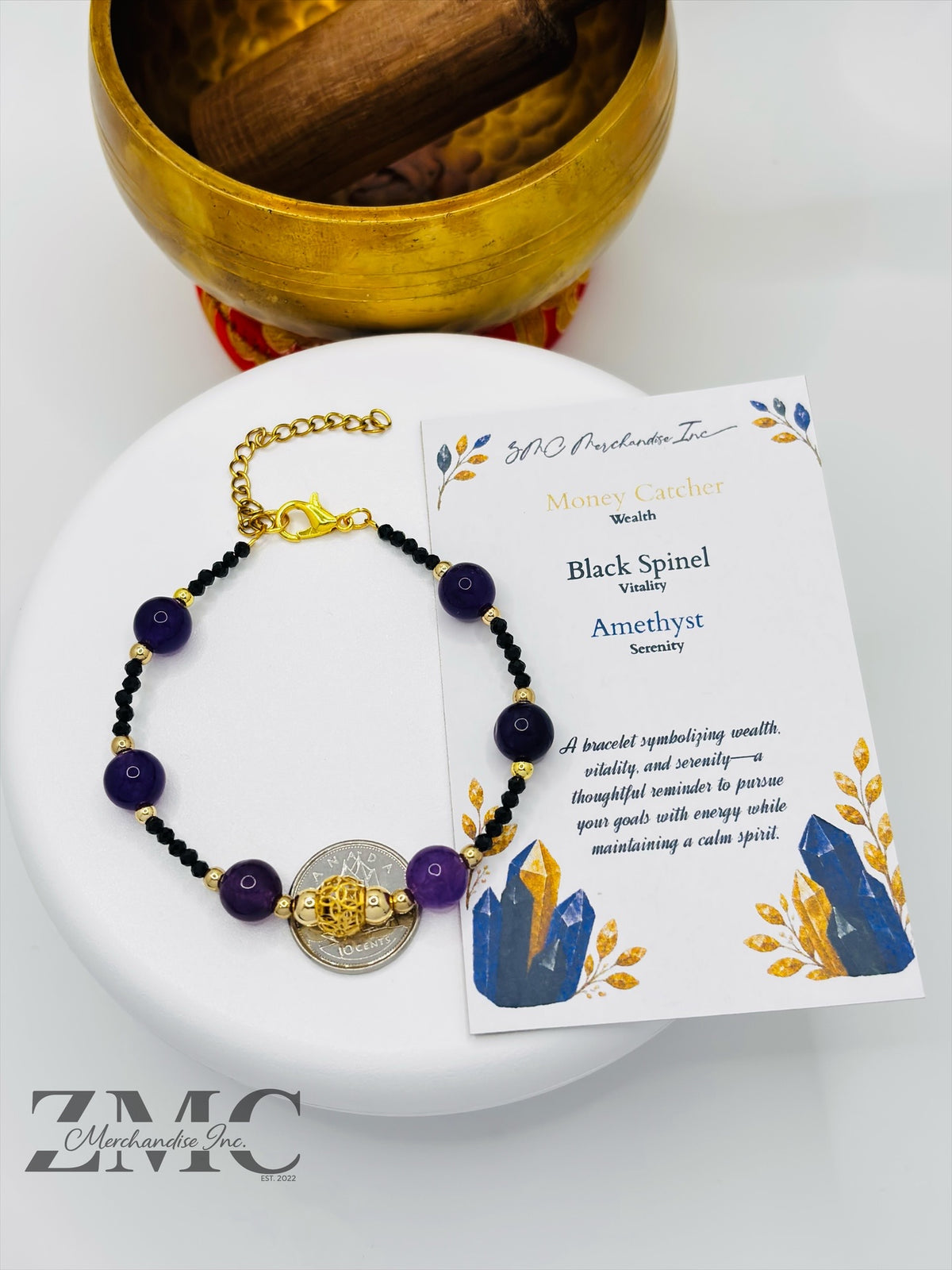 18K Gold  Lucky Money Catcher Ball Amethyst Black Spinel Stone  ( Hollow Empty Inside)