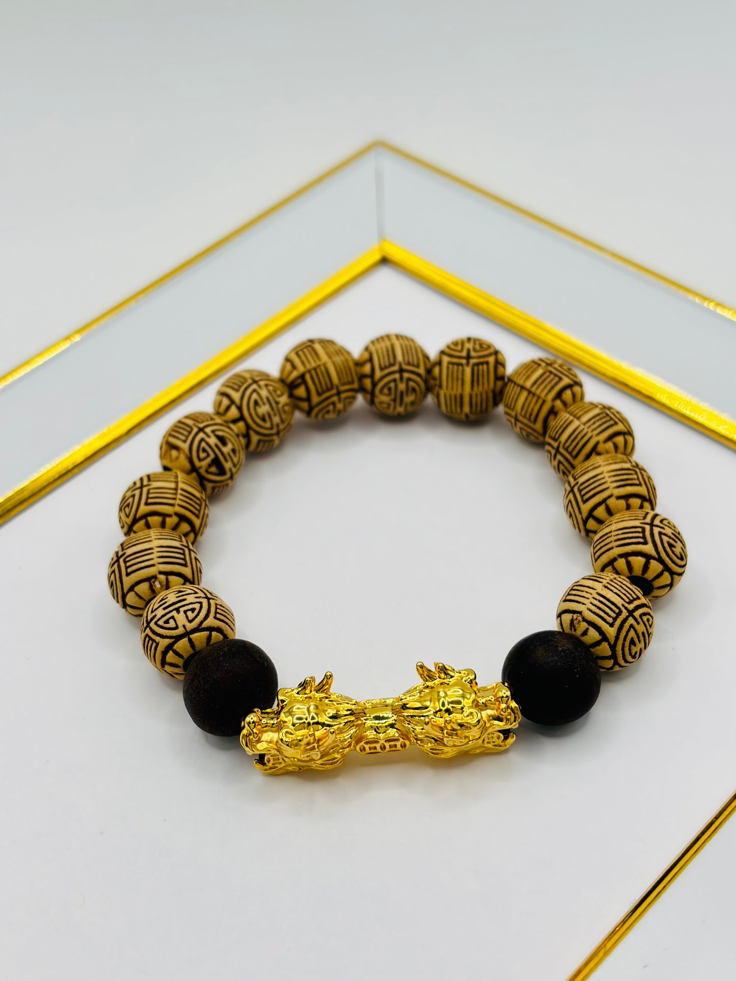 18K Gold  Lucky Dragon Bracelet ( Hollow Empty Inside)  Natural Carved Wood XXL