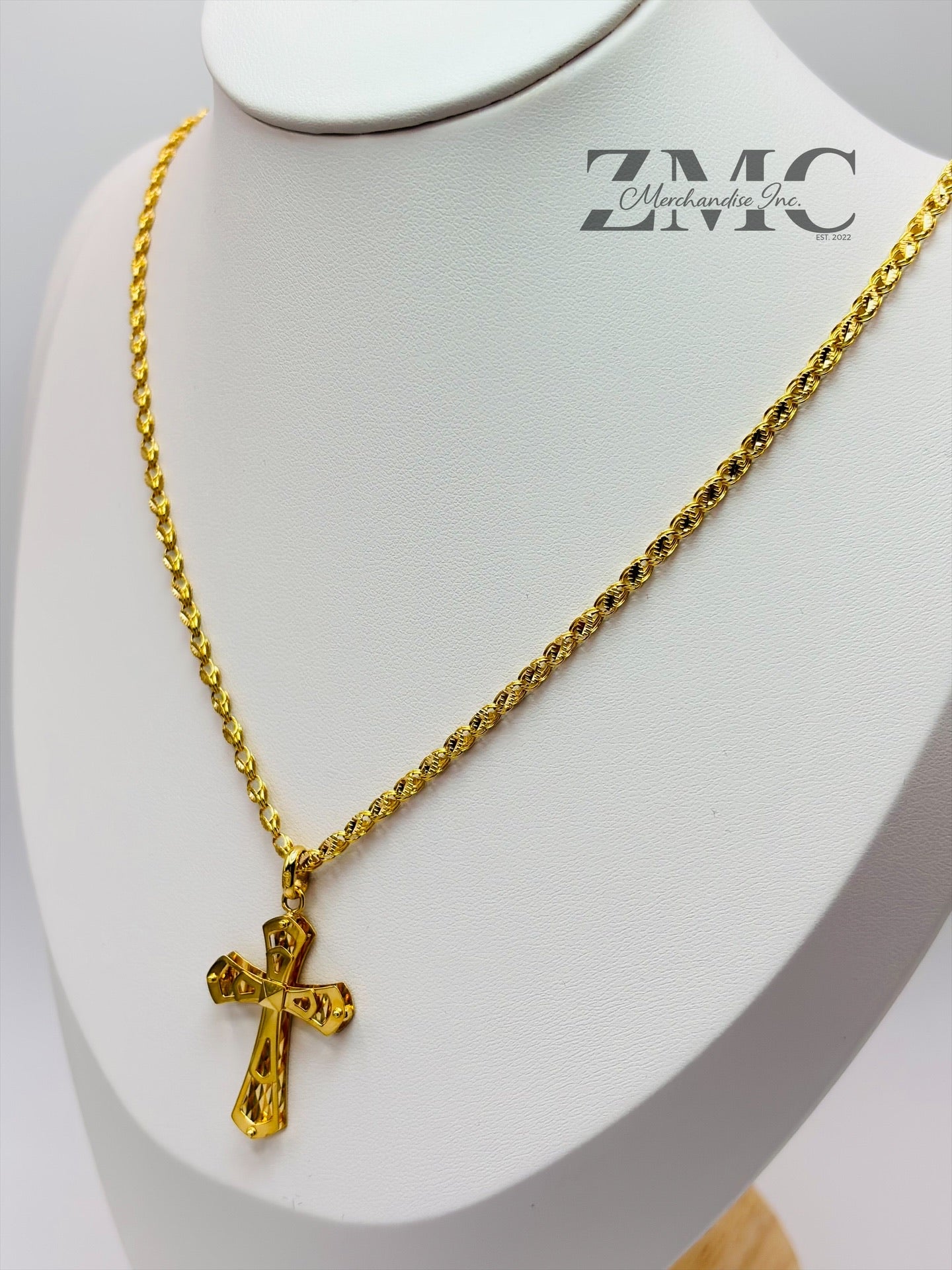 18K Gold Slim Damascus Cross Necklace
