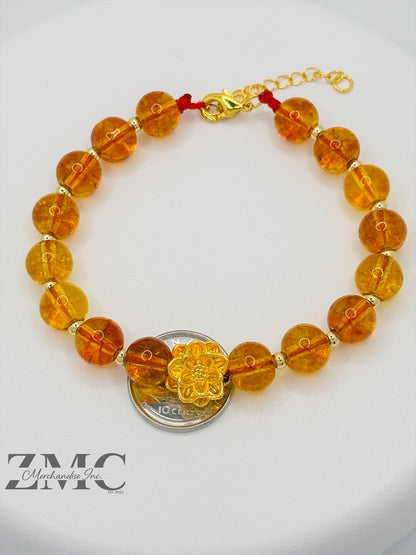 18K Gold Lucky Lotus Flower Bracelet Citrine Stone ( Hollow Empty Inside)