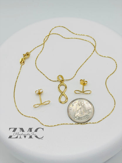 18K Gold Infinity Earrings and Necklace Set