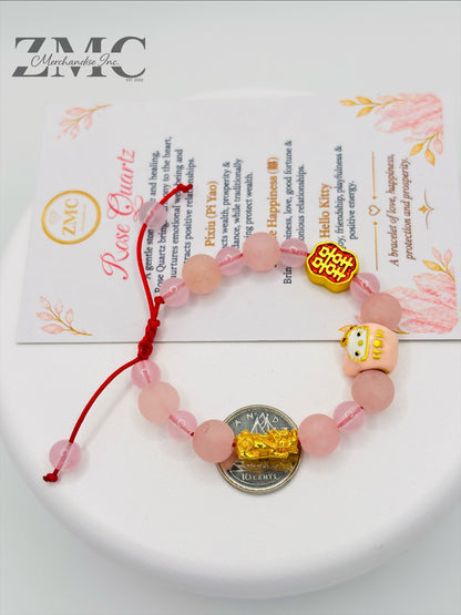 18K Gold  Lucky Piyao/ Pi Xiu Rose Quartz Matte Stone HK Kids Bracelet  ( Hollow Empty Inside) Small