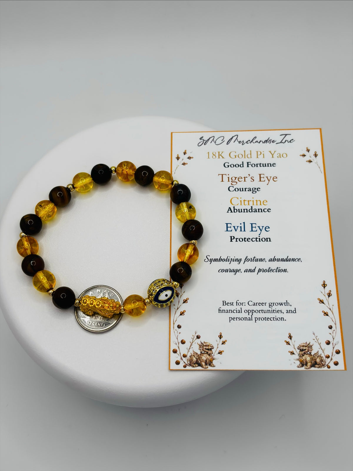 18K Gold Lucky Piyao/ Pi Xiu Tiger Eye Citrine Evil Eye Bracelet ( Hollow Empty Inside) Medium
