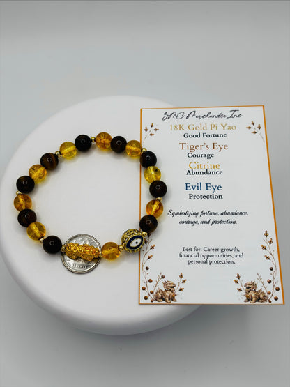 18K Gold Lucky Piyao/ Pi Xiu Tiger Eye Citrine Evil Eye Bracelet ( Hollow Empty Inside) Medium