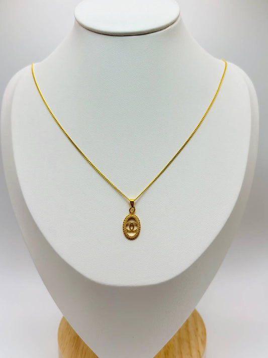18K Gold Curb Chain with CC  Moissanite Diamond Pendant Set
