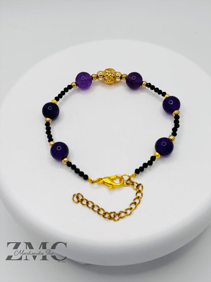 18K Gold  Lucky Money Catcher Ball Amethyst Black Spinel Stone  ( Hollow Empty Inside)