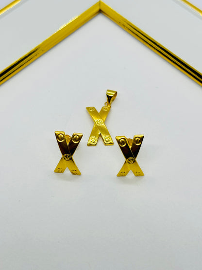 18K Gold X Earrings and Pendant Set