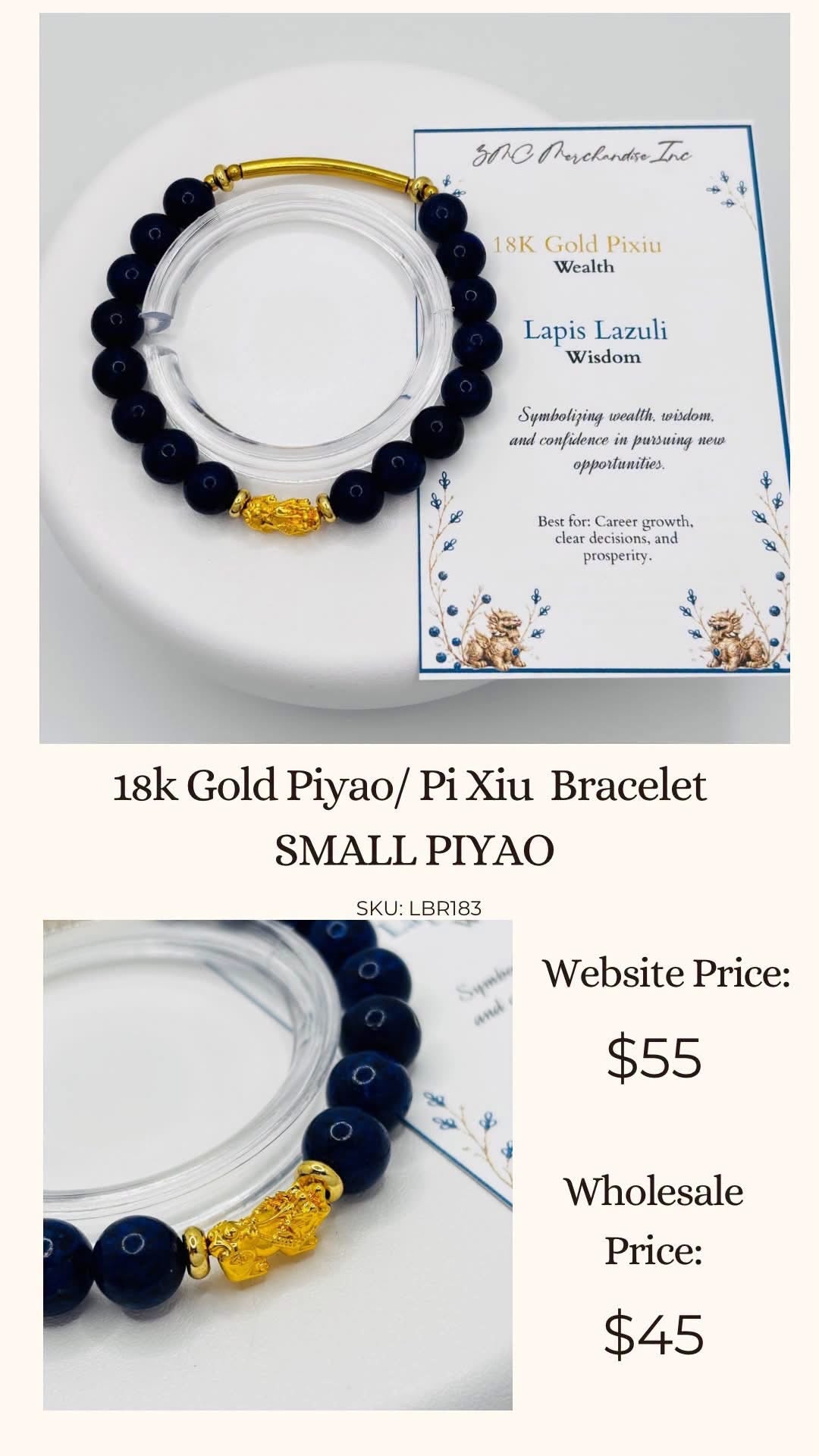 18K Gold Lucky Piyao/ Pi Xiu Lapis Lazuli Bracelet ( Hollow Empty Inside) SMALL PIYAO