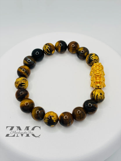18K Gold Lucky Piyao/ Pi Xiu  Bracelet Tiger Eye Dragon Stone( Hollow Empty Inside) Extra Large Matte