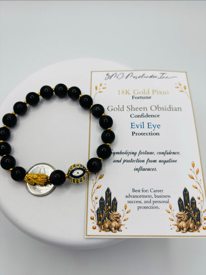 18K Gold Lucky Piyao/ Pi Xiu Gold Sheen Obsidian Evil Eye Bracelet ( Hollow Empty Inside) Small