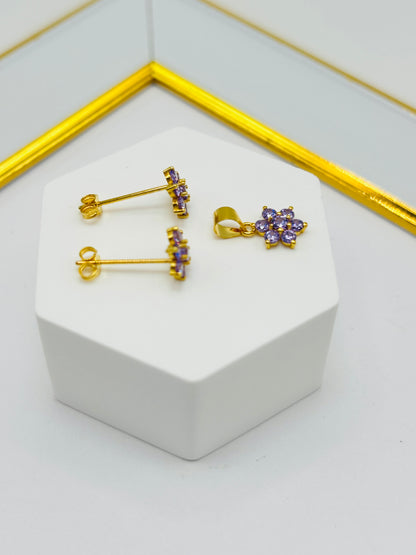 18K Gold Flower Stone Earrings and Pendant Set (Purple)
