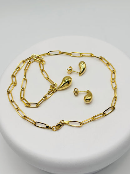 18K Gold Teardrop Earrings and Necklace Set