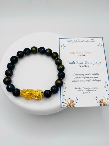 18K Gold Lucky Piyao/ Pi Xiu Dark Blue/Gold Jasper Bracelet( Hollow Empty Inside) XXL PIYAO