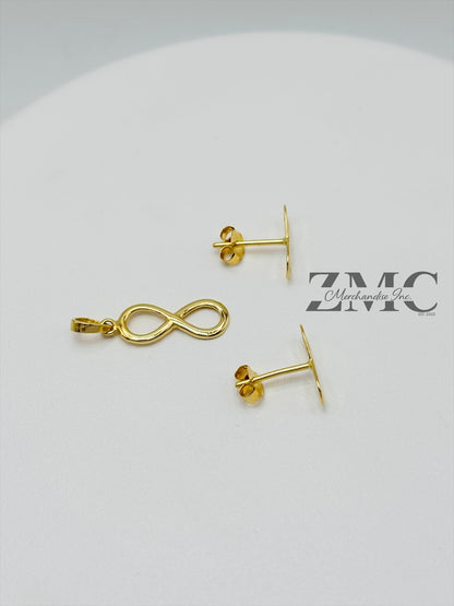 18K Gold Infinity Earrings and Pendant Set