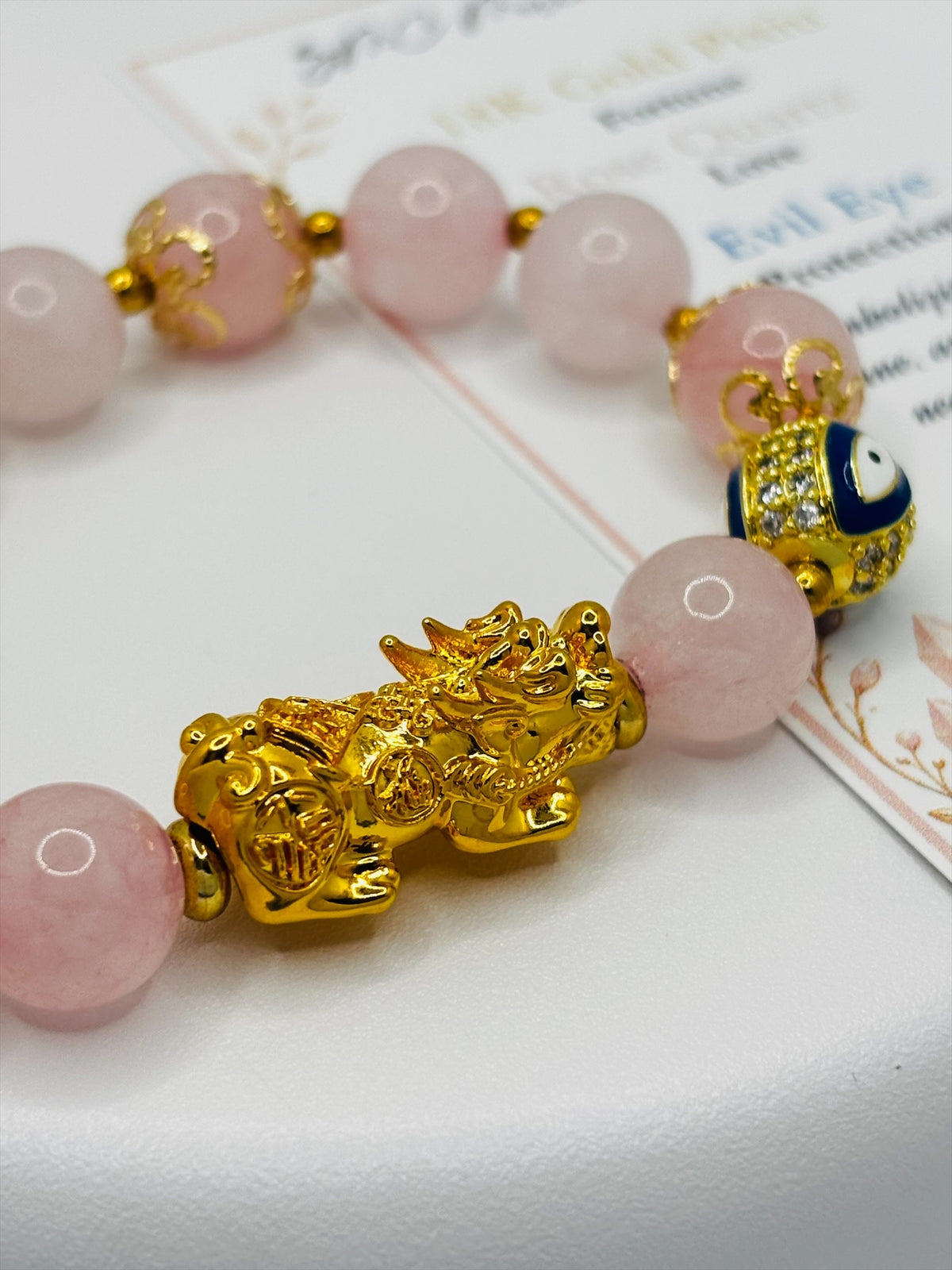 18K Gold Lucky Piyao/ Pi Xiu Rose Quartz Bracelet( Hollow Empty Inside) Extra Large