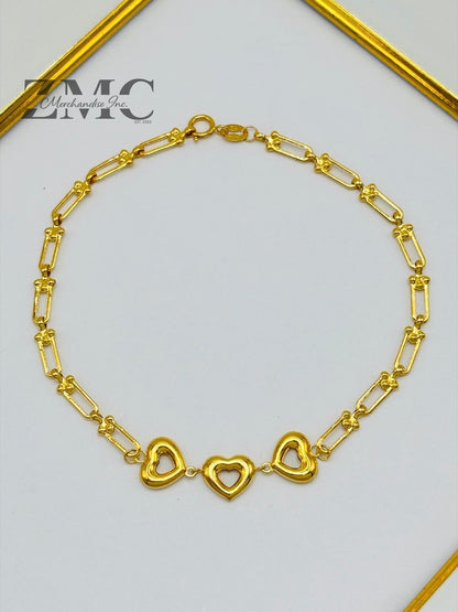 18K Gold 3 Hearts Flat Hardware Bracelet