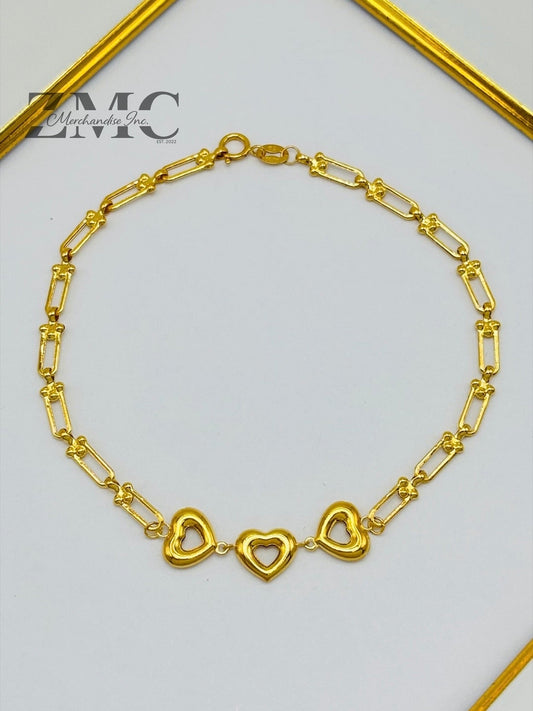 18K Gold 3 Hearts Flat Hardware Bracelet