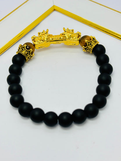 18K Gold  Lucky Dragon Bracelet Tiger Eye, Black Obsidian Stone  ( Hollow Empty Inside) XXL