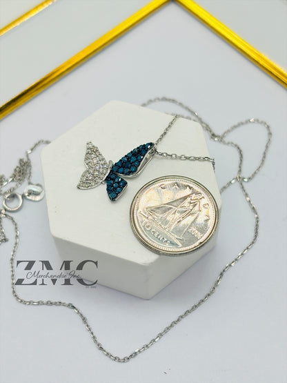 K18 White Gold Butterfly 0.50ct Natural Blue/White Diamonds Necklace