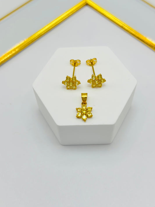 18K Gold Flower Stone Earrings and Pendant Set (Yellow)