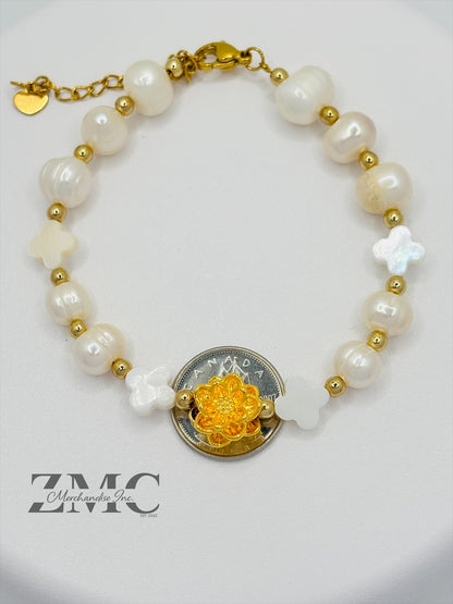 18K Gold Lucky Lotus Flower Bracelet Fresh Water Pearl Stone ( Hollow Empty Inside)